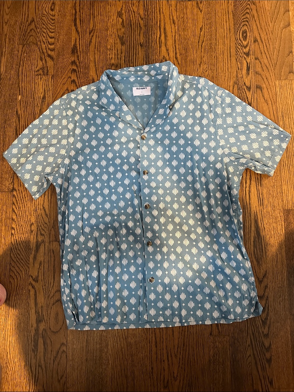 Old Navy Blue Short-Sleeve Button-Up Shirt with White Geo Print
